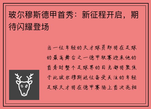 玻尔穆斯德甲首秀：新征程开启，期待闪耀登场