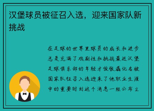 汉堡球员被征召入选,迎来国家队新挑战